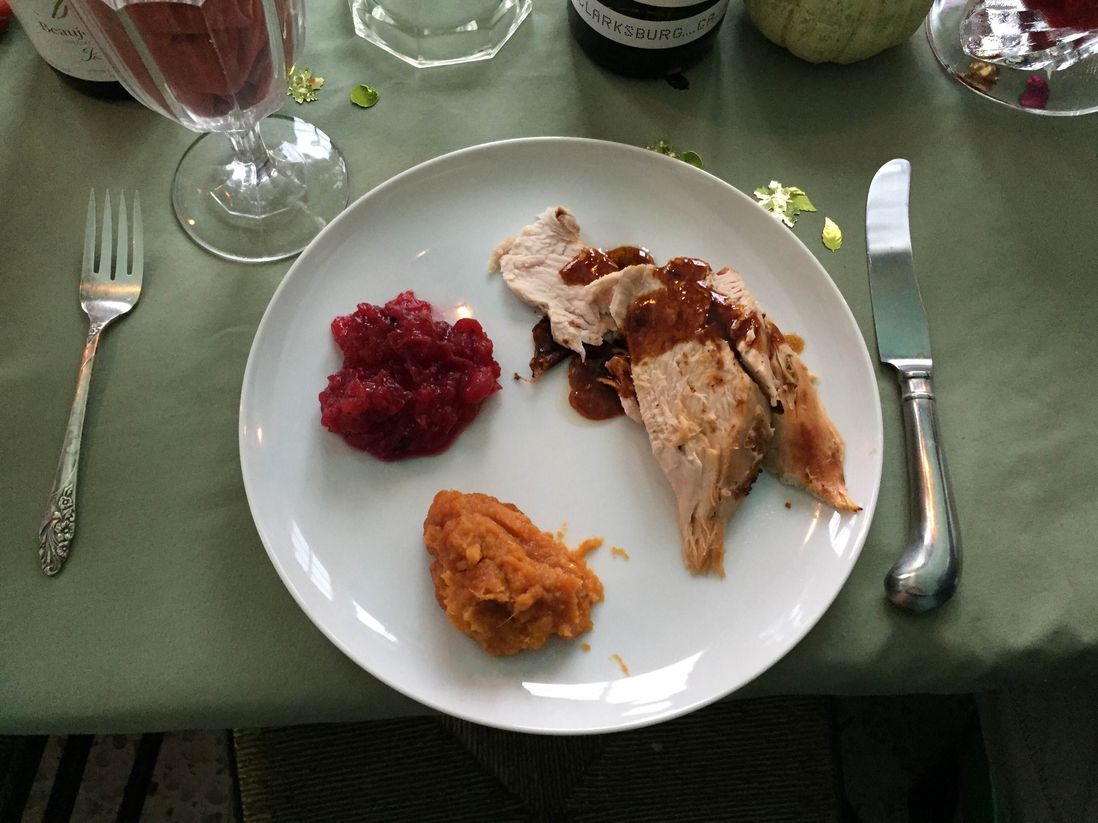 I did not eat that much this year, but here's some turkey, gravy, sweet potato, cranberry sauce. Not pictured: a lot of spiked cider. - Rebecca Fishbein